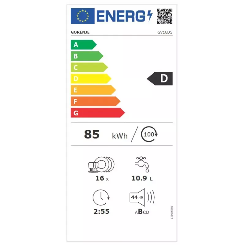 Sisseehitatud nõudepesumasin Gorenje GV16D5 — 16 komplekti, 44 dB, roostevaba teras, 7 temperatuuriseadet