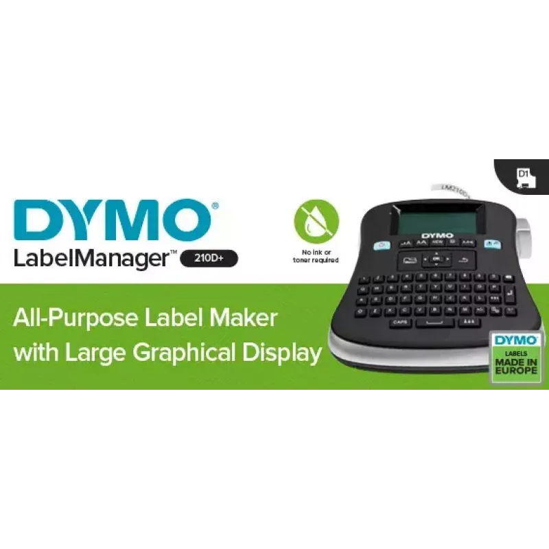 DYMO LabelManager lauaetiketivalmistaja | 210D+ universaalne kaasaskantav etiketivalmistajaLihtne kasutadaÜhe puutega nutiklahvidQWERTY klaviatuurSuur ekraanKodu- ja kontorikorralduseks (EL pistik)