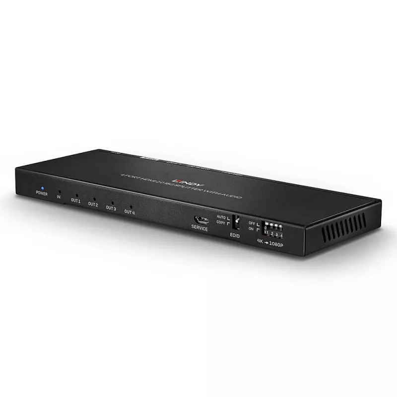 Lindy 4 pordiga HDMI 18G splitter heli ja vähendamisfunktsiooniga