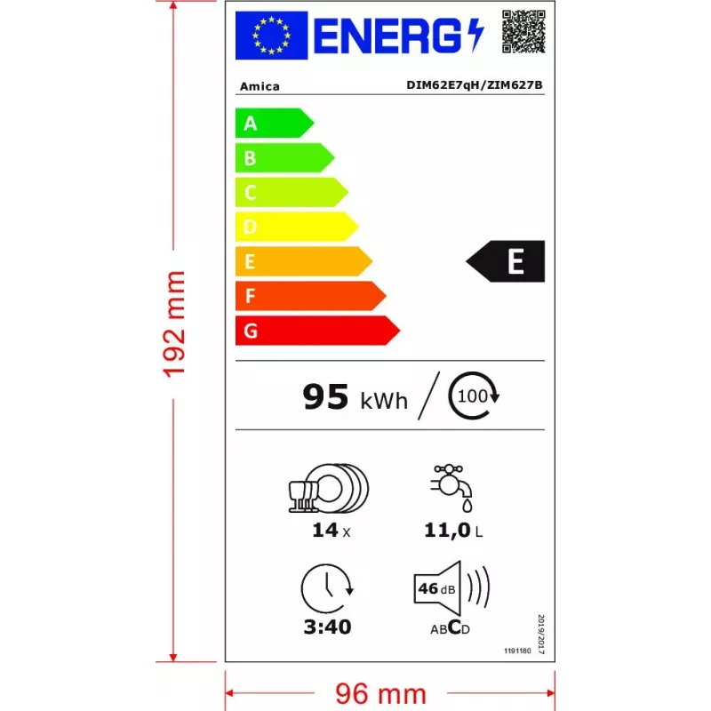 Poolsisseehitatav nõudepesumasin AMICA DIM62E7qH — 14 komplekti, 60 cm, LED-puuteekraan, 7 programmi, Valge