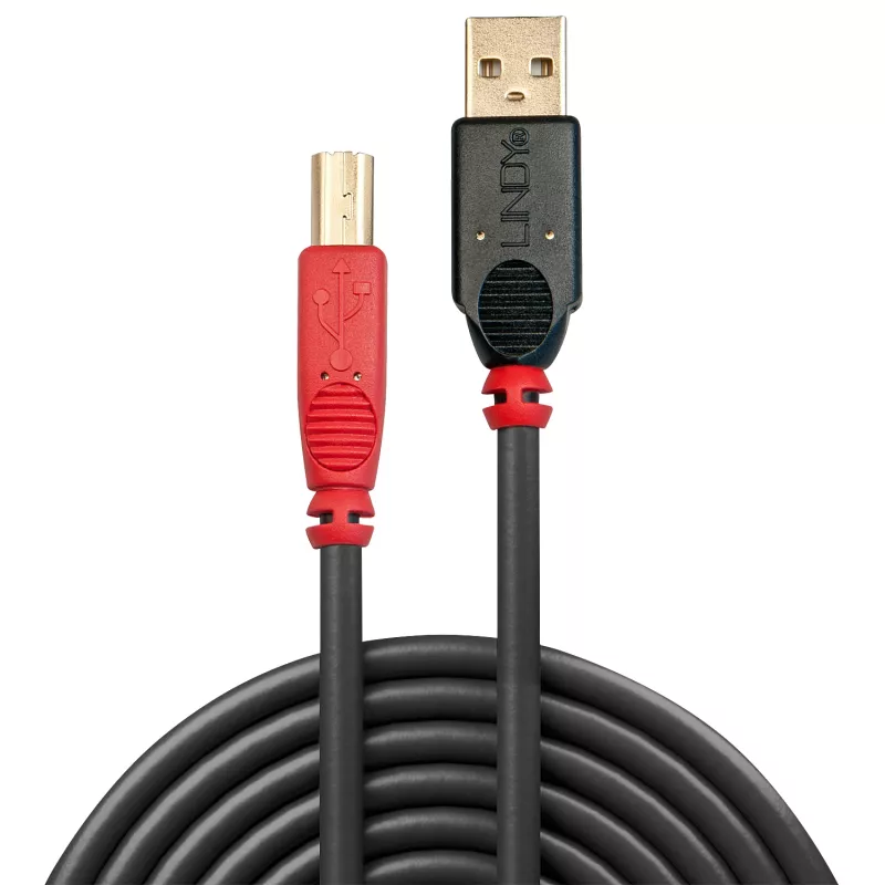 Lindy 15 m USB 2.0 Type A kuni B aktiivkaabel, 15 m, USB A, USB B, USB 2.0, isane/isane, must, punane