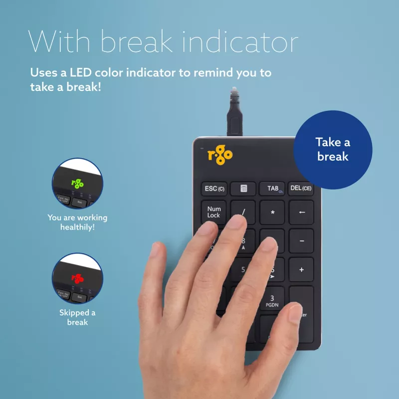 R-Go Tools Numpad Break numbriklaviatuur, ergonoomiline numbriklahvistik koos pausitarkvaraga, juhtmega, must
