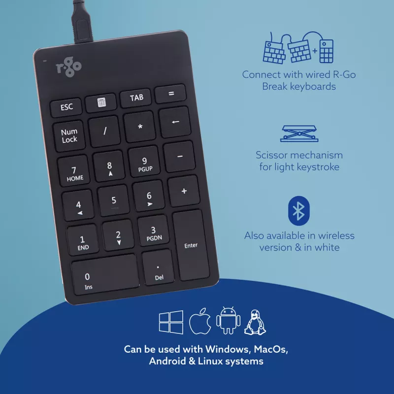 R-Go Tools Numpad Break numbriklaviatuur, ergonoomiline numbriklahvistik koos pausitarkvaraga, juhtmega, must