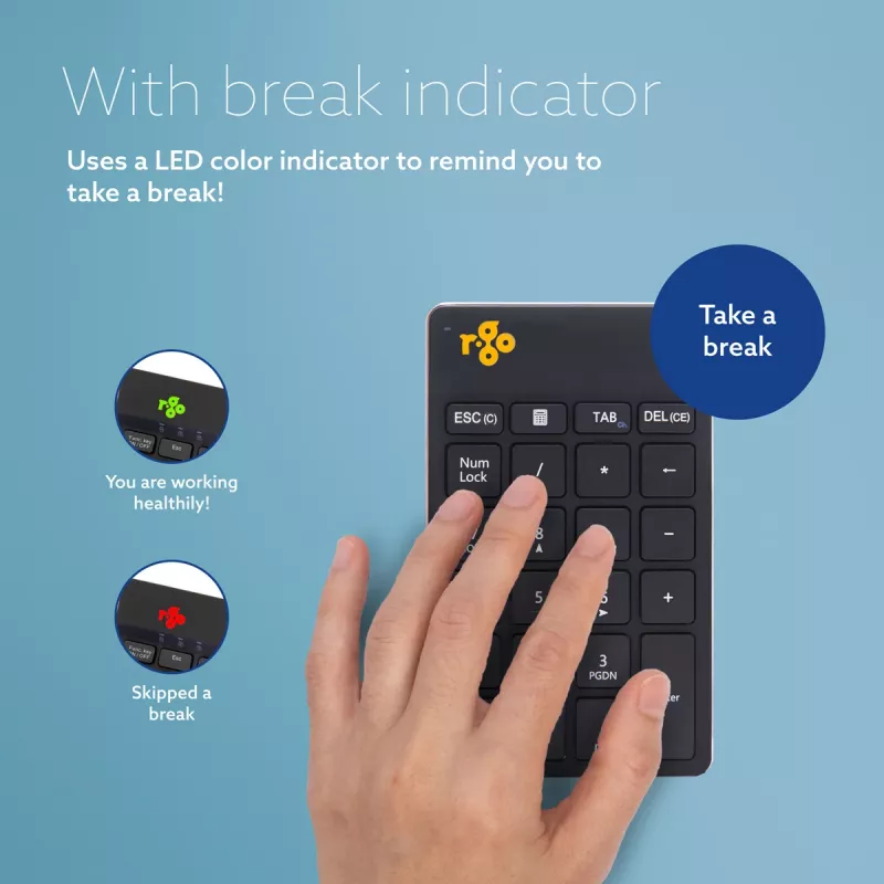 R-Go Tools Numeric keypad R-Go Numpad Break, ergonoomiline numbriklaviatuur koos puhkuse tarkvaraga, bluetooth, must