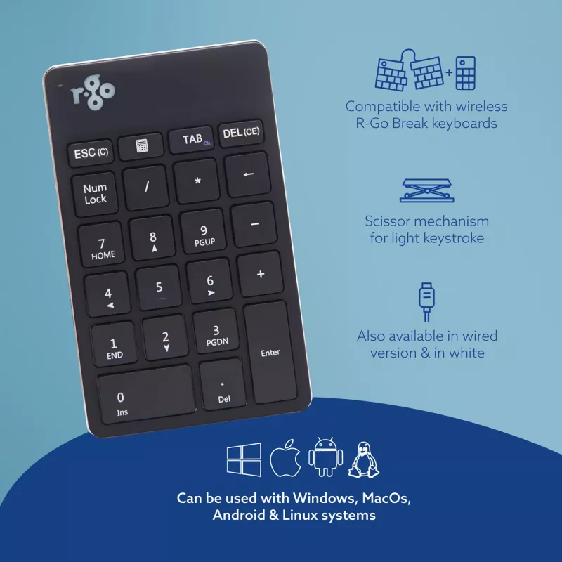 R-Go Tools Numeric keypad R-Go Numpad Break, ergonoomiline numbriklaviatuur koos puhkuse tarkvaraga, bluetooth, must