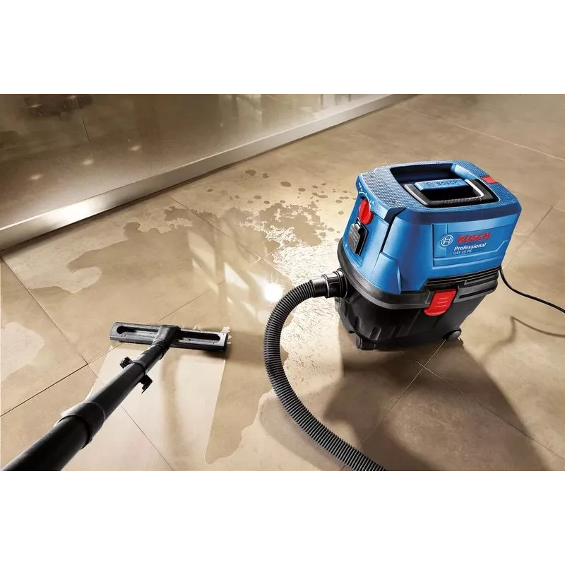 Silindertolmuimeja Bosch GAS 15 PS Professional — kuivpuhastus, 1100 W, 15 L tolmukott, 8 L vedelikumahuti, 270 mbar