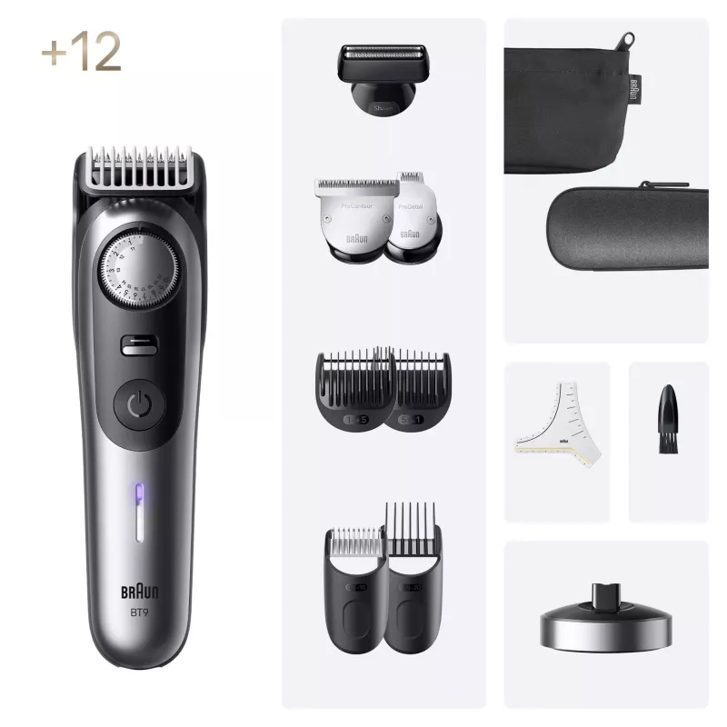Braun BeardTrimmer 9 BT9560 habemetrimmer Aku 52 2 cm Wet & Dry Must, Hõbedane