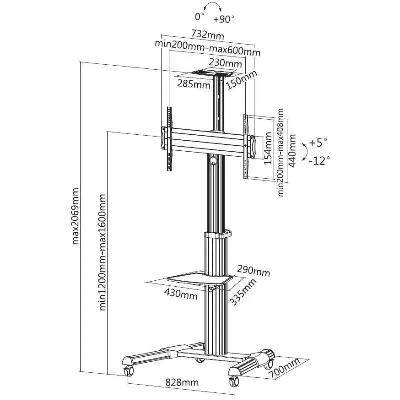 Equip 650602 37-70“ 90° pööratav ühe ekraaniga LFD-käru, 50 kg, 94 cm (37 tolli), 177.8 cm (70 tolli), 200 x 200 mm, 600 x 400 mm, -12 - 5°