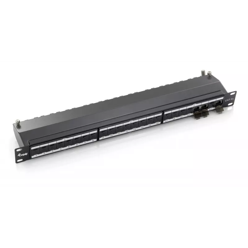 Equip 24-pordine Cat.6A varjestatud patch-paneel, must, RJ-45, kuldne, Cat6a, rack-paigaldus, 1U, must