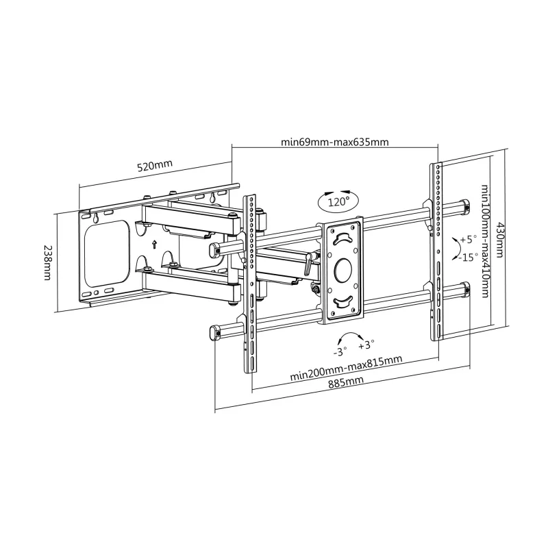 Equip 37–90-tolline kallutatav/pööratav TV seinakinnitus, 200 x 200 mm, 816 x 410 mm, -15 kuni 5°, -60 kuni 60°, teras, must