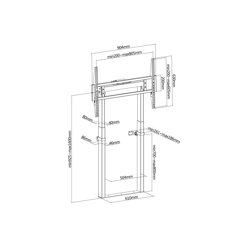 Equip 55-tolline kuni 100-tolline fikseeritud motoriseeritud seinakinnitus, 139,7 cm (55 tolli), 2,54 m (100 tolli), 200 x 200 mm, 800 x 600 mm, alumiinium, plast, roostevaba teras, must