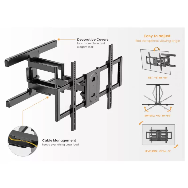 Equip 43-tolline kuni 100-tolline täisliigutusega telerikinnitusklamber, 200 x 200 mm, 800 x 400 mm, -10 - 5°, -60 - 60°, plast, roostevaba teras, must