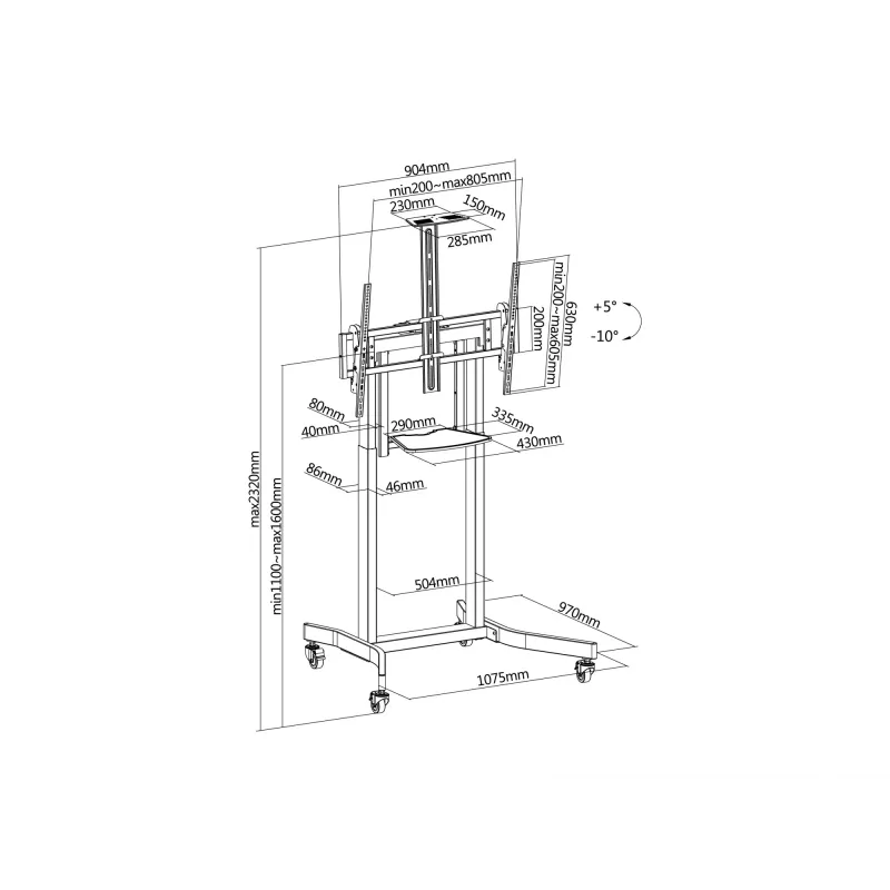 Equip mobiilne motoriseeritud LFD-käru 55-100 tolli, 2,54 m (100 tolli), 200 x 200 mm, 800 x 600 mm, -10 - 5°, Alumiinium, Plast, Roostevaba teras, Must