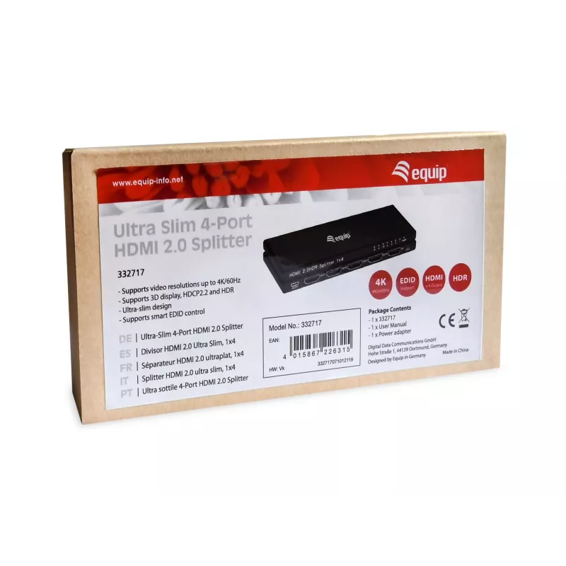 Equip üliõhuke 4-pordiline HDMI 2.0 jaotur, HDMI, 4x HDMI, 3840 x 2160 pikslit, must, alumiinium, 4K Ultra HD