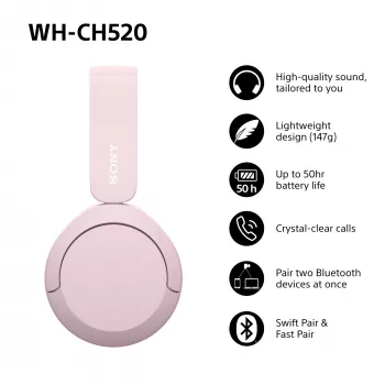 Sony WHCH520P.CE7, juhtmevaba, 20–20000 Hz, kõned/muusika, 147 g, kõrvaklapid, roosa