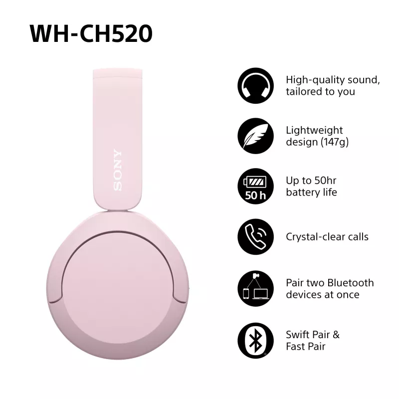 Sony WHCH520P.CE7, juhtmevaba, 20–20000 Hz, kõned/muusika, 147 g, kõrvaklapid, roosa