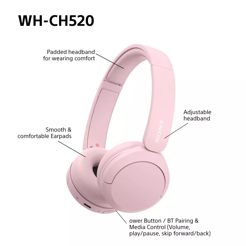 Sony WHCH520P.CE7, juhtmevaba, 20–20000 Hz, kõned/muusika, 147 g, kõrvaklapid, roosa