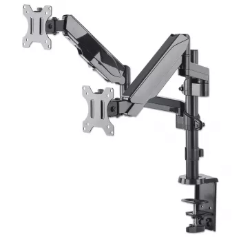 Manhattan Dual Desk Mount for TV & Monitors (Full Motion Gas Spring), ekraanidele 10–27 tolli, klambri- või rõngaskinnitus, VESA ühilduvus: 75x75 ja 100x100 mm – kontrollige ekraani tagaküljel olevate nelja kinnitusava mõõtmeid, et veenduda sobivuses, max 8 kg (ühele)