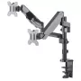 Manhattan Dual Desk Mount for TV & Monitors (Full Motion Gas Spring), ekraanidele 10–27 tolli, klambri- või rõngaskinnitus, VESA ühilduvus: 75x75 ja 100x100 mm – kontrollige ekraani tagaküljel olevate nelja kinnitusava mõõtmeid, et veenduda sobivuses, max 8 kg (ühele)