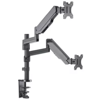 Manhattan Dual Desk Mount for TV & Monitors (Full Motion Gas Spring), ekraanidele 10–27 tolli, klambri- või rõngaskinnitus, VESA ühilduvus: 75x75 ja 100x100 mm – kontrollige ekraani tagaküljel olevate nelja kinnitusava mõõtmeid, et veenduda sobivuses, max 8 kg (ühele)