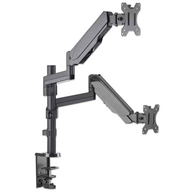 Manhattan Dual Desk Mount for TV & Monitors (Full Motion Gas Spring), ekraanidele 10–27 tolli, klambri- või rõngaskinnitus, VESA ühilduvus: 75x75 ja 100x100 mm – kontrollige ekraani tagaküljel olevate nelja kinnitusava mõõtmeid, et veenduda sobivuses, max 8 kg (ühele)