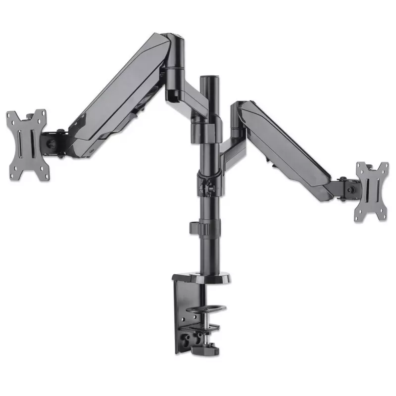 Manhattan Dual Desk Mount for TV & Monitors (Full Motion Gas Spring), ekraanidele 10–27 tolli, klambri- või rõngaskinnitus, VESA ühilduvus: 75x75 ja 100x100 mm – kontrollige ekraani tagaküljel olevate nelja kinnitusava mõõtmeid, et veenduda sobivuses, max 8 kg (ühele)
