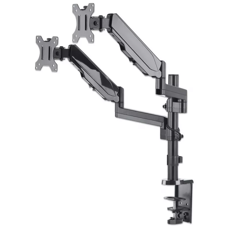 Manhattan Dual Desk Mount for TV & Monitors (Full Motion Gas Spring), ekraanidele 10–27 tolli, klambri- või rõngaskinnitus, VESA ühilduvus: 75x75 ja 100x100 mm – kontrollige ekraani tagaküljel olevate nelja kinnitusava mõõtmeid, et veenduda sobivuses, max 8 kg (ühele)