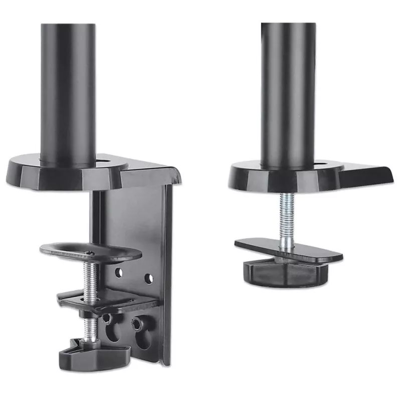 Manhattan Dual Desk Mount for TV & Monitors (Full Motion Gas Spring), ekraanidele 10–27 tolli, klambri- või rõngaskinnitus, VESA ühilduvus: 75x75 ja 100x100 mm – kontrollige ekraani tagaküljel olevate nelja kinnitusava mõõtmeid, et veenduda sobivuses, max 8 kg (ühele)