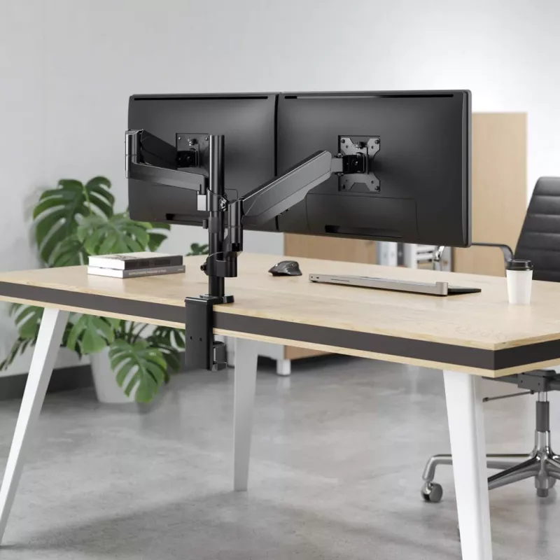Manhattan Dual Desk Mount for TV & Monitors (Full Motion Gas Spring), ekraanidele 10–27 tolli, klambri- või rõngaskinnitus, VESA ühilduvus: 75x75 ja 100x100 mm – kontrollige ekraani tagaküljel olevate nelja kinnitusava mõõtmeid, et veenduda sobivuses, max 8 kg (ühele)