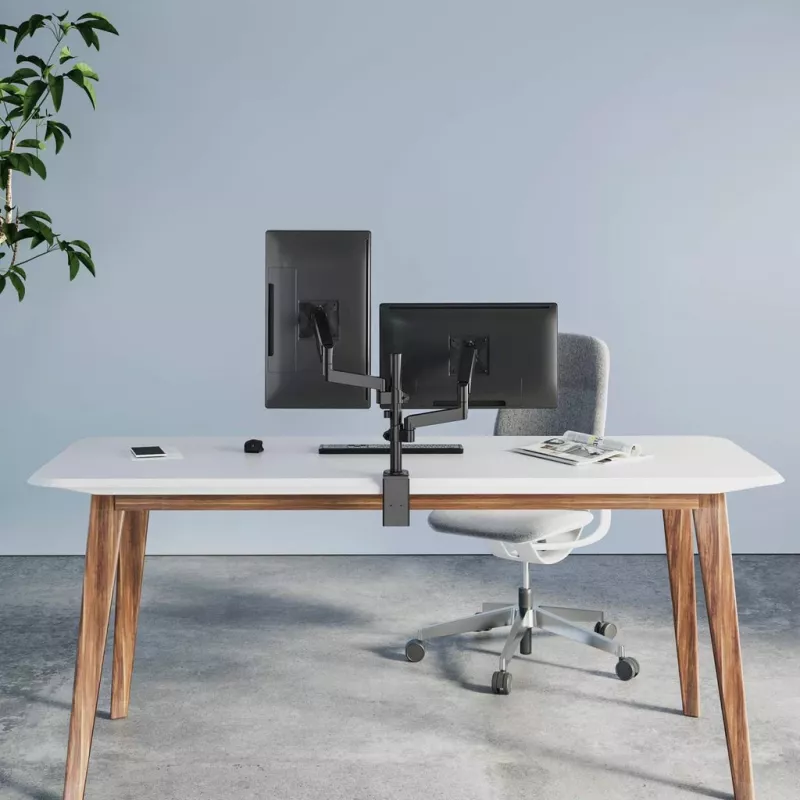 Manhattan Dual Desk Mount for TV & Monitors (Full Motion Gas Spring), ekraanidele 10–27 tolli, klambri- või rõngaskinnitus, VESA ühilduvus: 75x75 ja 100x100 mm – kontrollige ekraani tagaküljel olevate nelja kinnitusava mõõtmeid, et veenduda sobivuses, max 8 kg (ühele)
