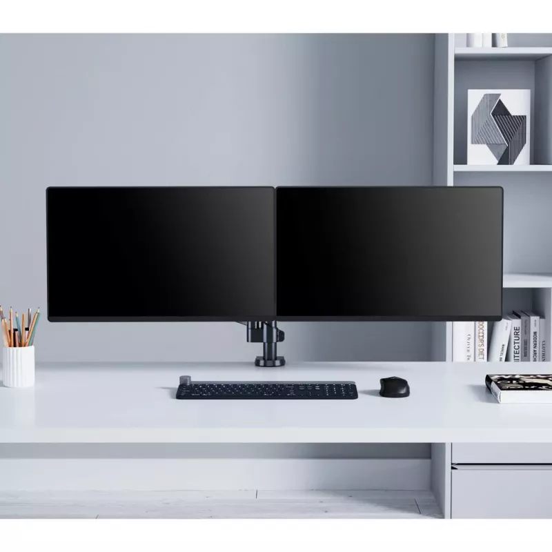 Manhattan Dual Desk Mount for TV & Monitors (Full Motion Gas Spring), ekraanidele 10–27 tolli, klambri- või rõngaskinnitus, VESA ühilduvus: 75x75 ja 100x100 mm – kontrollige ekraani tagaküljel olevate nelja kinnitusava mõõtmeid, et veenduda sobivuses, max 8 kg (ühele)
