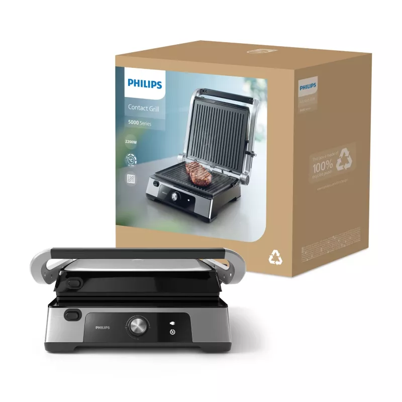 Philips 5000 seeria kontaktgrill, alumiinium, ristkülikukujuline, pöörlev, 200 °C, hingedega kaas, lukustatav kaas, 180°