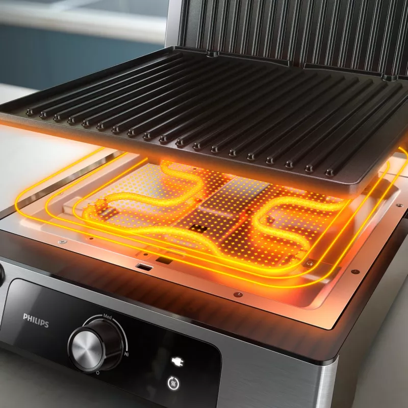 Philips 5000 seeria kontaktgrill, alumiinium, ristkülikukujuline, pöörlev, 200 °C, hingedega kaas, lukustatav kaas, 180°