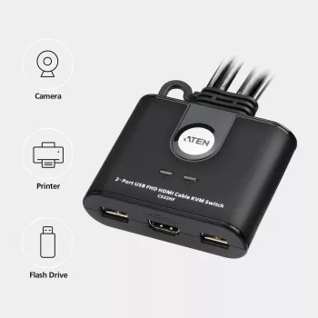 ATEN 2-pordiline USB FHD HDMI kaabliga KVM-lüliti, 1920 x 1200 pikslit, Full HD, 1,518 W, must