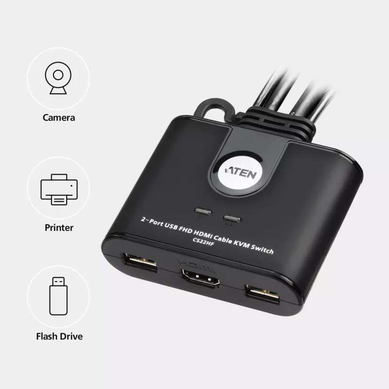 ATEN 2-pordiline USB FHD HDMI kaabliga KVM-lüliti, 1920 x 1200 pikslit, Full HD, 1,518 W, must