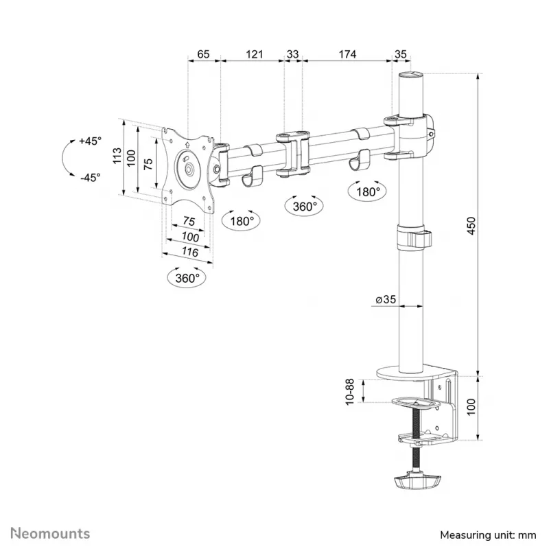 Neomounts NM-D135Valge Monitori käsi 10–30 tolli, Klamber/Läbiviigukinnitus, 8 kg, 25,4 cm (10 tolli), 76,2 cm (30 tolli), 100 x 100 mm, Valge