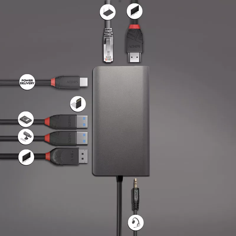 Lindy DST-Mini XT, USB-C sülearvuti mini dokkimisjaam ühe (4K) või kahe (Full HD) ekraaniga ja 100 W läbiva laadimisega