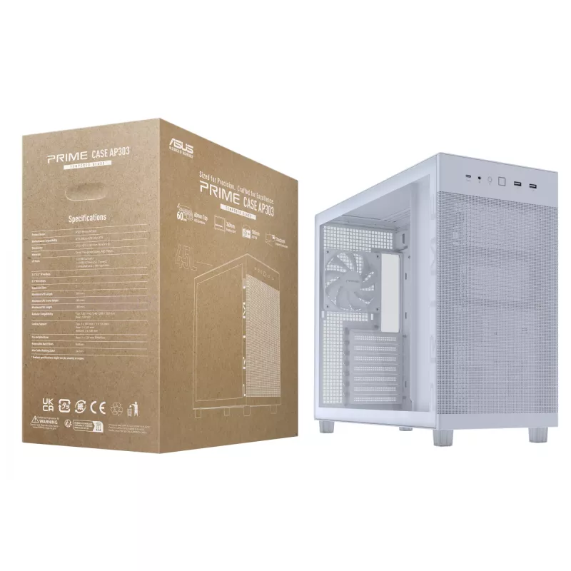 PC korpus ASUS PRIME AP303 TG valge — ATX/Micro-ATX/Mini-ITX, karastatud klaas, USB-C, 360 mm GPU tugi