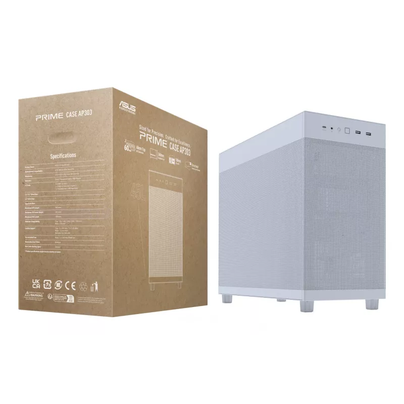 PC korpus ASUS PRIME AP303 Mesh Midi Tower valge — ATX/Micro ATX/Mini-ITX, GPU kuni 36 cm, PSU kuni 18 cm, protsessori jahuti kõrgus 16,5 cm