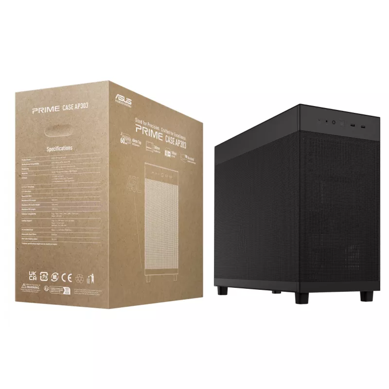 PC case ASUS Prime AP303 Mesh Midi Tower — ATX, supports GPU 36 cm, CPU cooler 165 mm, USB-A 2×, USB-C 1