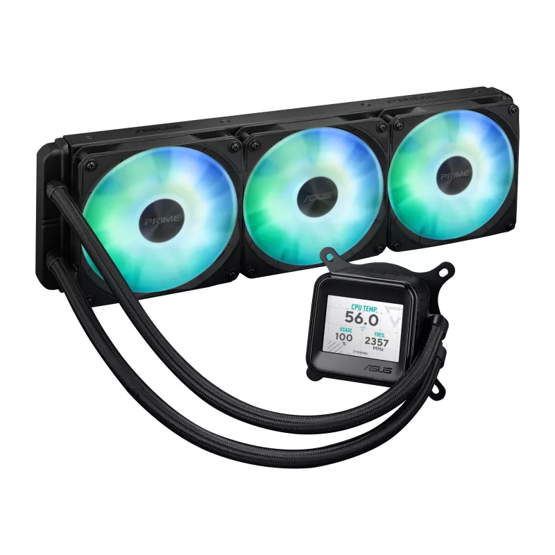 Mitmeühes vedelikjahutus ASUS Prime LC 360 ARGB LCD — 360 mm radiaator, 3x 120 mm ventilaatorit, LCD, PWM, must