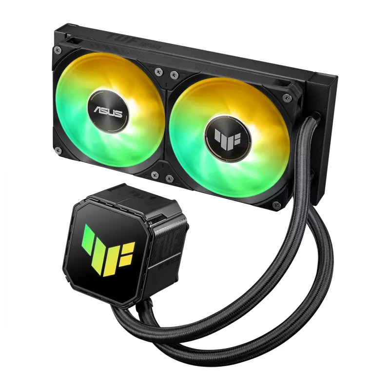 Universaalne vedelikjahuti ASUS TUF GAMING LC III 240 ARGB — 240 mm radiaator, 2 x 120 mm ARGB ventilaatorit, pesa AM5 tugi, must