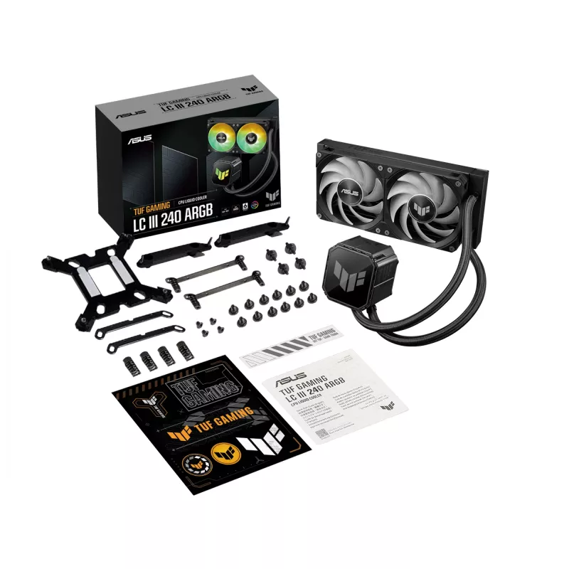 Universaalne vedelikjahuti ASUS TUF GAMING LC III 240 ARGB — 240 mm radiaator, 2 x 120 mm ARGB ventilaatorit, pesa AM5 tugi, must
