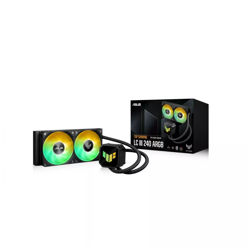 Universaalne vedelikjahuti ASUS TUF GAMING LC III 240 ARGB — 240 mm radiaator, 2 x 120 mm ARGB ventilaatorit, pesa AM5 tugi, must
