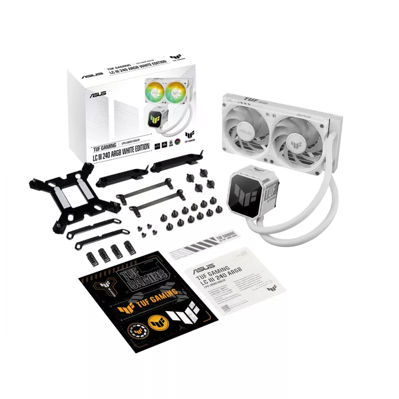 Vedelikjahutuskomplekt ASUS TUF GAMING LC III 240 ARGB WHT – 240 mm radiaator, 2x 120 mm ventilaatorit, PWM, valge