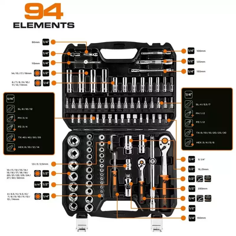 Pesakomplekt NEO Tools 10-062, 1/2-tollise ajamiga, 10 osa