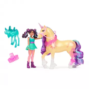 Mini nukukomplekt Usorteret Unicorn Academy Ava & Leaf Power of Friendship läbipaistva sadula ja 2 tarvikuga, 168 mm, plast