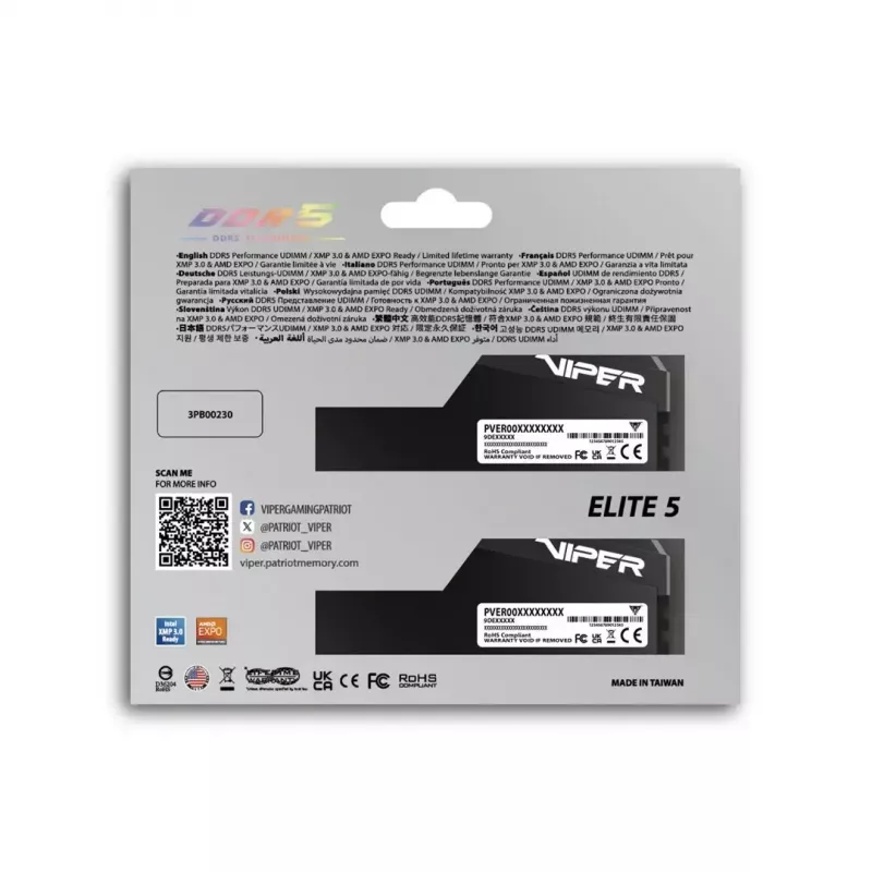 Lauaarvuti DDR5 RAM PATRIOT Viper Elite 5 Ultra 64GB (2x32GB) 6000MHz CL28 1,4V jahutusradiaatoriga
