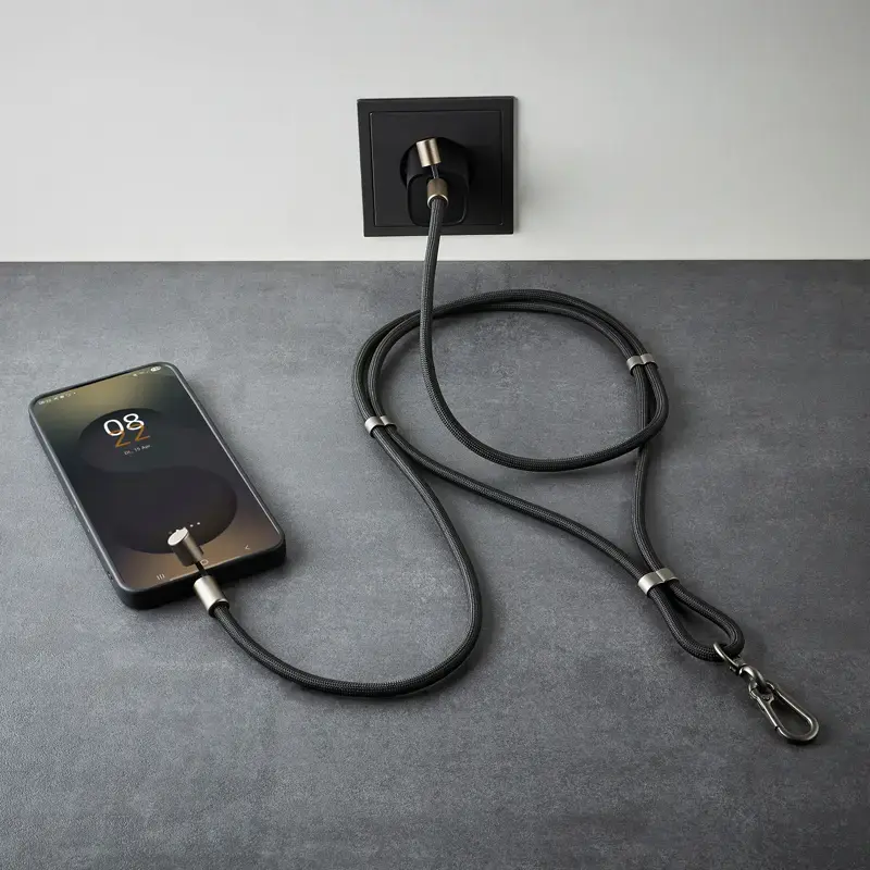 Intenso USB-C laadimispael telefoni kaelapaela kaabel 60W kiirlaadimine reguleeritava pikkusega 1,65m nailon must