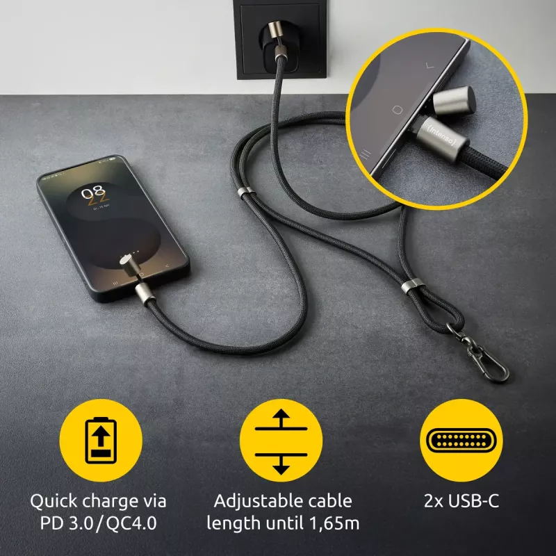 Intenso USB-C laadimispael telefoni kaelapaela kaabel 60W kiirlaadimine reguleeritava pikkusega 1,65m nailon must